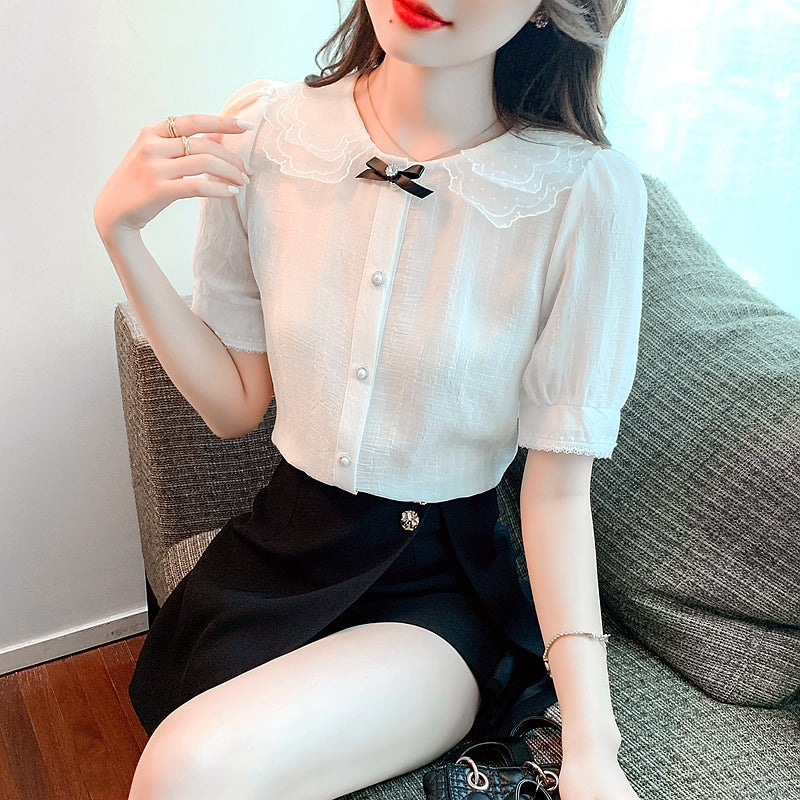 White Peter Pan Collar Blouse with Bow & Pearl Buttons