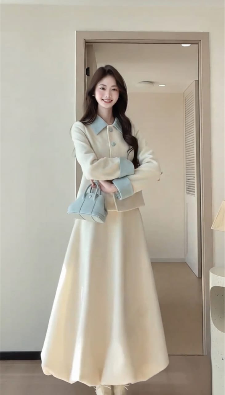 Elegant Hepburn Style Cropped Jacket With Lantern Hem Maxi Skirt
