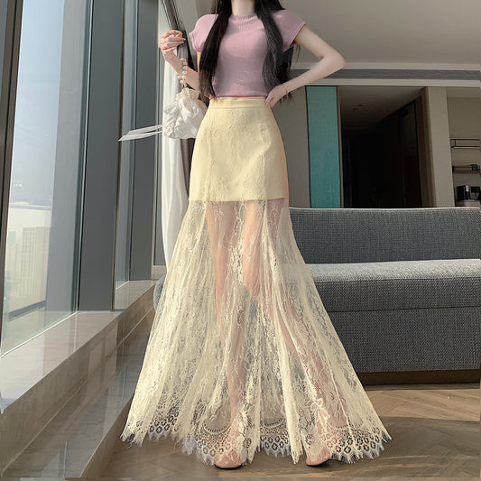 Sheer Floral Lace Maxi Skirt with Mini Lining | High-Waisted Overlay Skirt